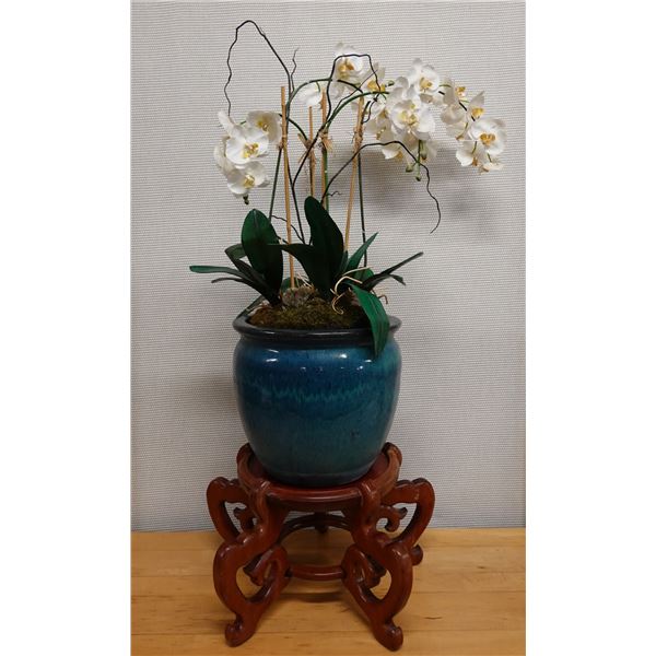Blue Koi Pot w/ Artificial Orchid Plant on Rosewood Stand