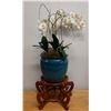 Image 1 : Blue Koi Pot w/ Artificial Orchid Plant on Rosewood Stand