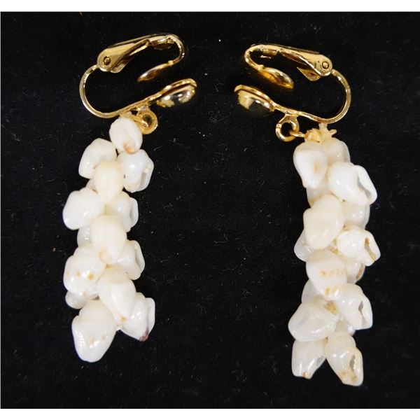 Pair White Momi Kipona Shell Dangle Earrings 1.75"L