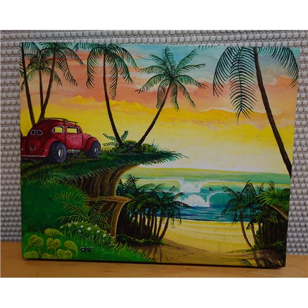 Ocean Scene w/ Volkswagen Artwork Signed PAF from Kapiolani Art Show, Unframed, 10" x 8.5"