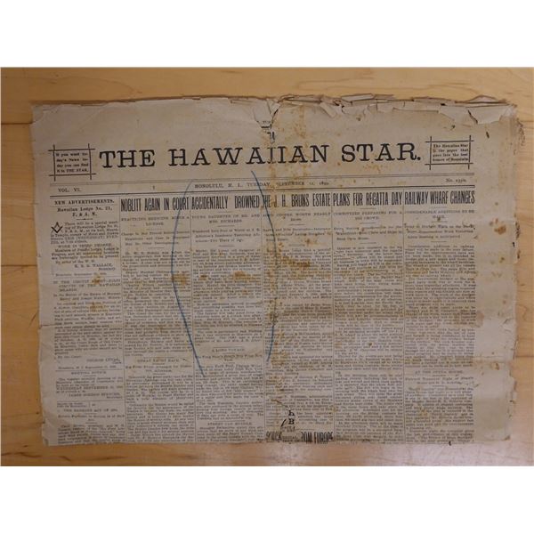 The Hawaiian Star Newspaper Dated 9/12/1899, 15" x 21"