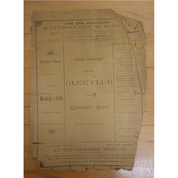 First Concert by the Glee Club of Kamehameha Schools Newsletter 12/15/1890, 9" x 13"
