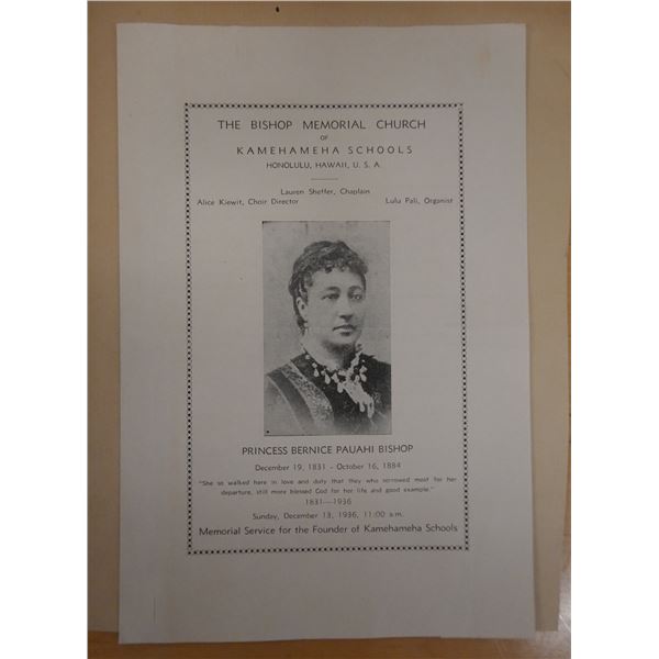 Bishop Church Memorial Service for Princess Bernice Pauahi Bishop 1936, 7" x 10"