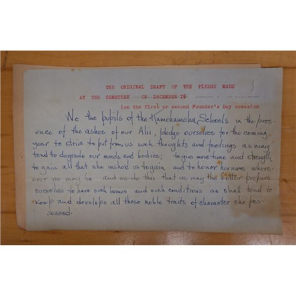 Kamehameha Schools Original Draft of the Pledge to Princess Bernice Pauahi Bishop, 9" x 6"