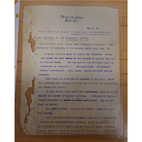 Kamehameha Schools Reports of the Special Committee of Teachers Dated 5/3/1989, 8.5" x 10"