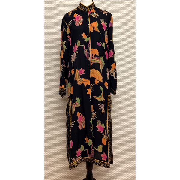 New Anne Namba Women's Black 100% Silk Long Floral Coat w/ Buttons, Size L, 48"L
