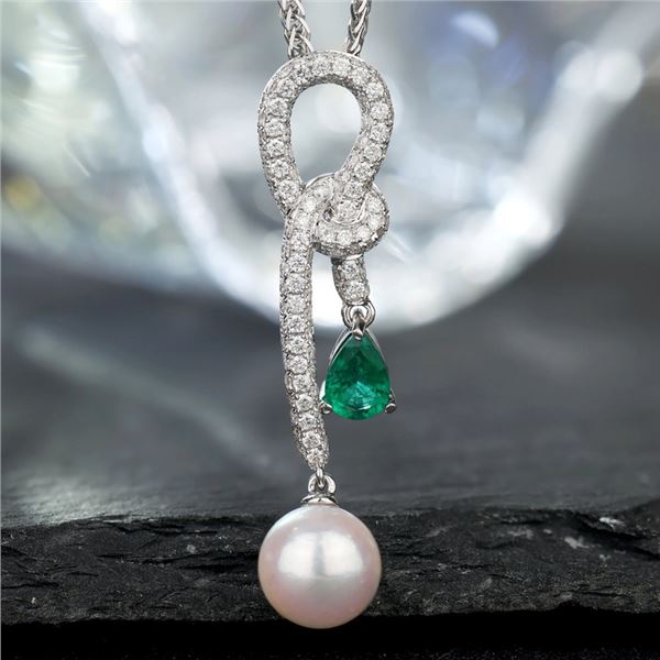 18K Gold Emerald and Pearl Pendant