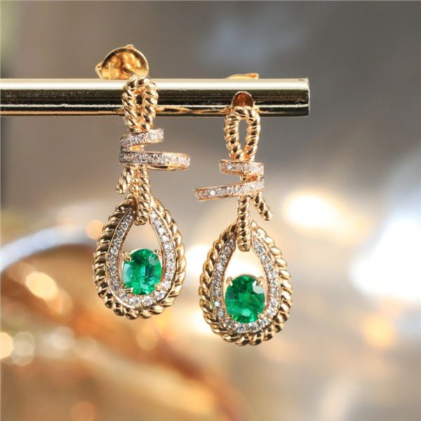 18K Gold Emerald and Diamond Earrings