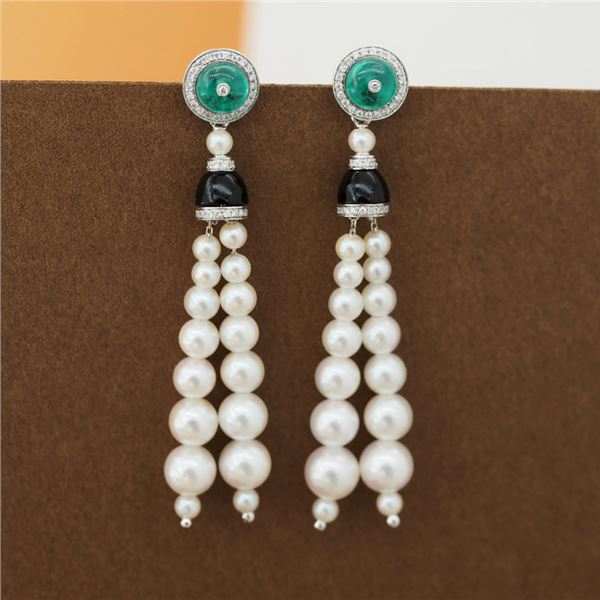 18K Gold Emerald and Pearl Tassel Earrings