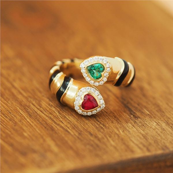 18K Gold Red and Green Gemstone Ring