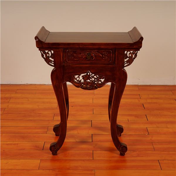 Chinese Carved Hardwood Altar Table w/ Drawer, Phoenix & Floral Motifs