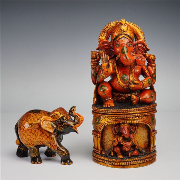 2pc Exotic Wooden India Art Sculptures, Ganesha and Elephant