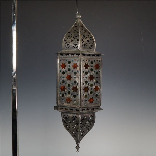 Moroccan Metal and Glass Arabesque Metalwork Hanging Lantern