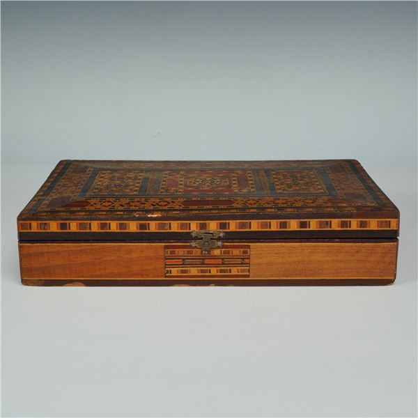 Middle Eastern Inlaid Wood Box with Geometric Mosaic Design
