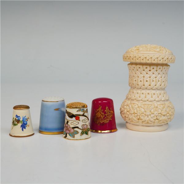 5pc Collection of Thimbles and Signed Carved Thread Box