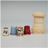 Image 1 : 5pc Collection of Thimbles and Signed Carved Thread Box