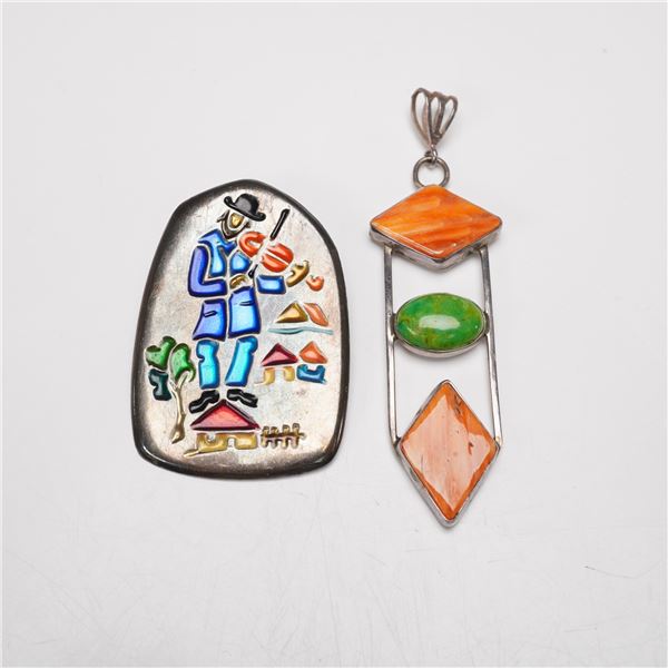 2pc Silver Stone Pendant and Enamel Brooch
