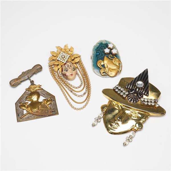 4pc Gold-tone Metal and Rhinestone Art Deco and Figural Brooch Lot