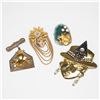 Image 1 : 4pc Gold-tone Metal and Rhinestone Art Deco and Figural Brooch Lot