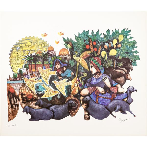 Amram Ebgi, Color Etching on Paper, David the Shepherd, Signed and Numbered