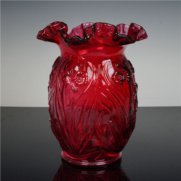 Fenton Glass Cranberry Vase, Daffodil