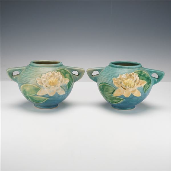 Pair of Roseville Pottery Blue Vases, Water Lily