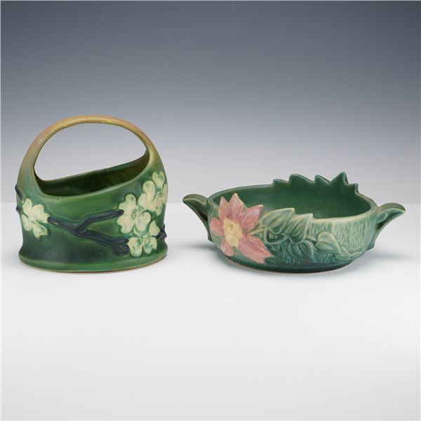2pc Roseville Pottery Clematis Bowl and Dogwood Basket