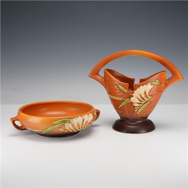 2pc Roseville Pottery Orange Basket and Bowl, Freesia