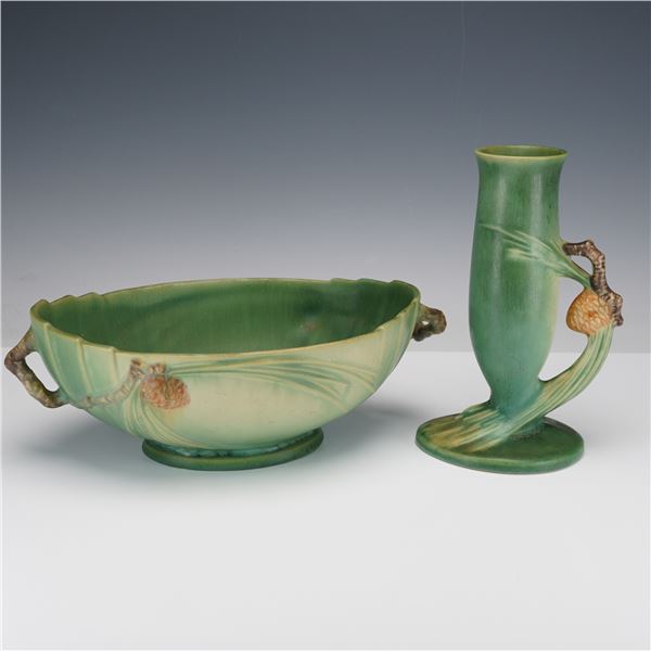 2pc Roseville Pottery Oval Console Bowl and Vase, Pinecone