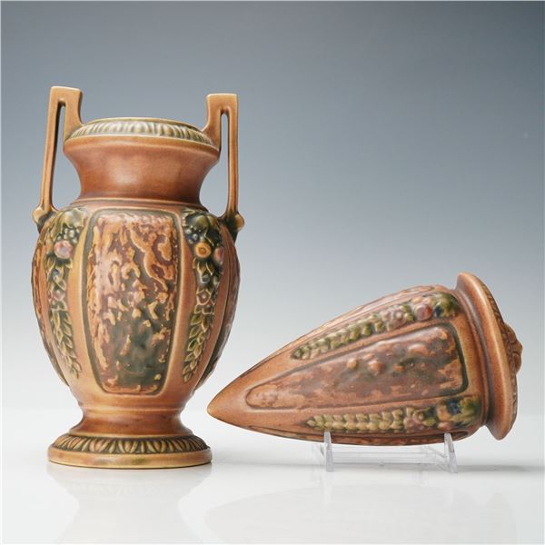 2pc Roseville Pottery Vase & Wall Pocket, Florentine