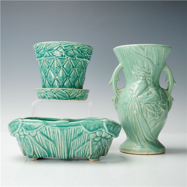 3pc McCoy Pottery Jardiniere, Planter & Vase, Teal Leaf & Berries
