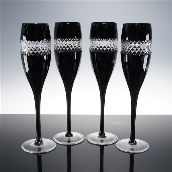 4pc John Rocha for Waterford Crystal Fluted Champagne Glasses, Black Cut