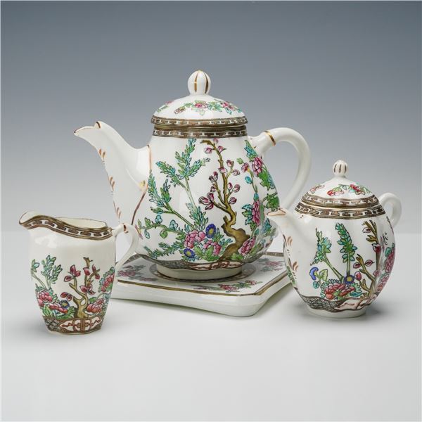 4pc Coalport Indian Tree Teapot, Creamer, Personal Teapot, & Hot Plate