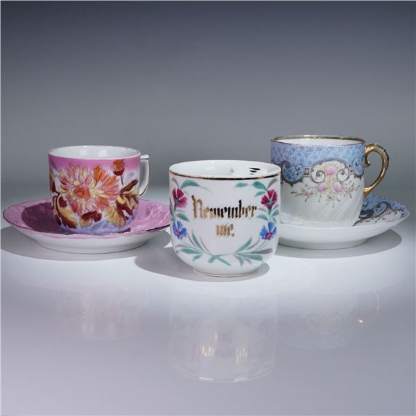 5pc Antique Porcelain Mustache Cups and Saucers