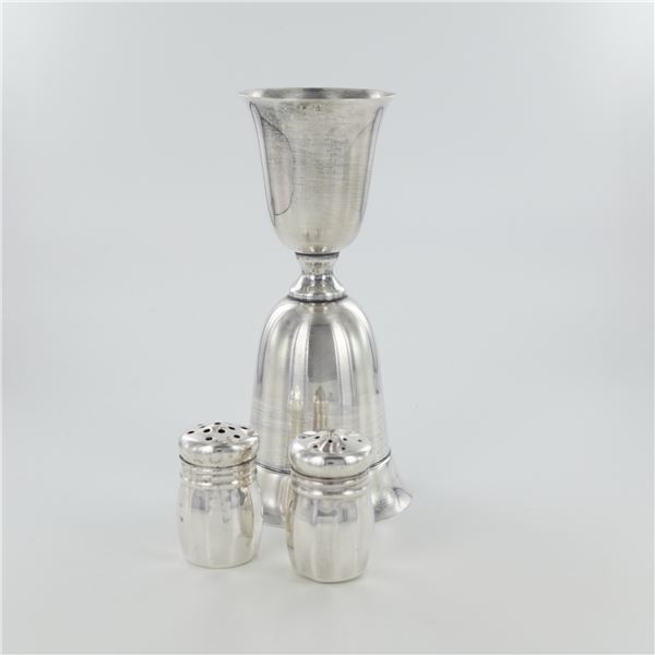 3pc Empire Silver Sterling Silver Bell Jigger, Salt & Pepper Shakers