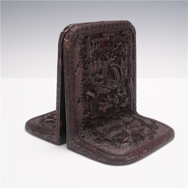 Vintage Chinese Cinnabar Lacquer Scenic Bookends