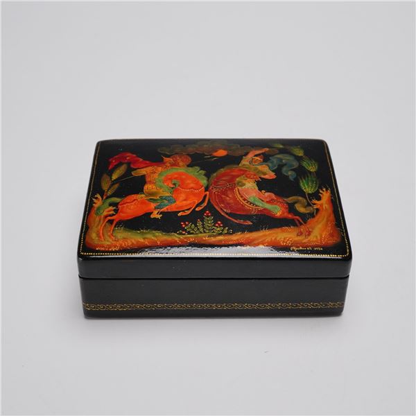 Russian Hand Painted Black Lacquer Box with Lid