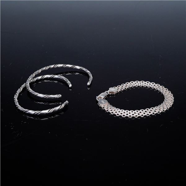 3pc Italian Sterling Link and Silver-Tone Cuff Bracelets