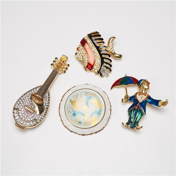 4pc Gold-tone and Enameled Brooch Including Coalport