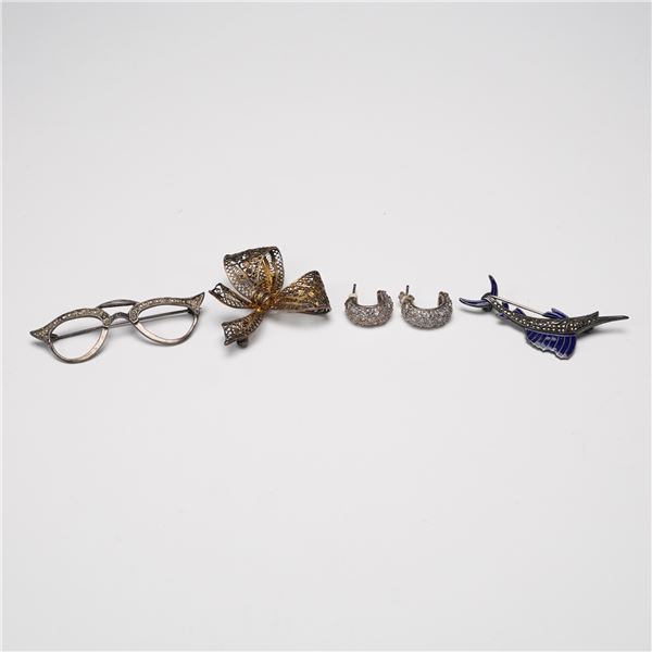 4pc Sterling and 800 Silver Brooches and Earrings