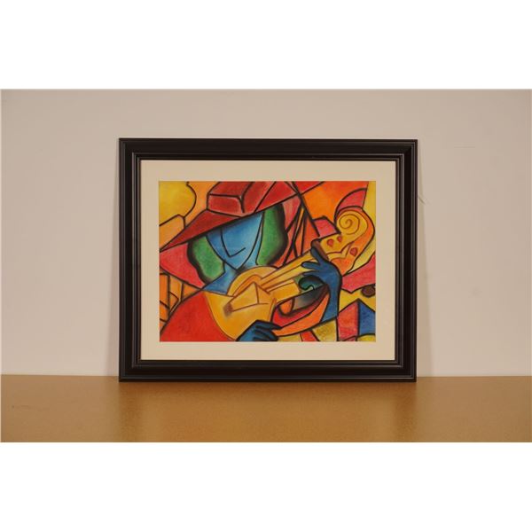Original Framed Pastel on Paper, Abstract Cubist Musician, Signed