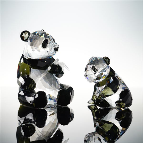 Pair of Swarovski Crystal Panda Figurines, Rare Encounters Mother and Baby