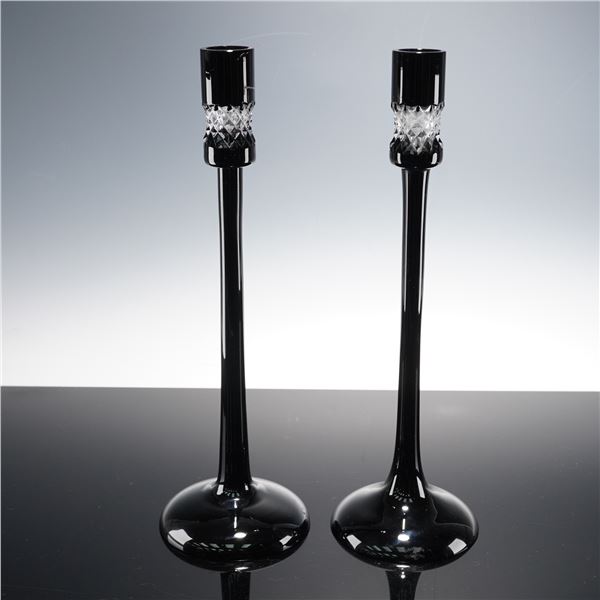 Pair of John Rocha for Waterford Crystal Candlestick Holders, Black Cut
