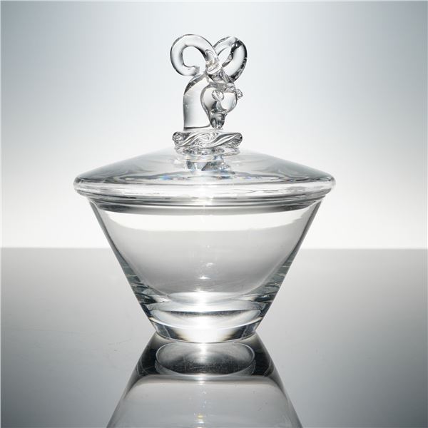 Steuben Clear Crystal Lidded Bowl, Ram Finial