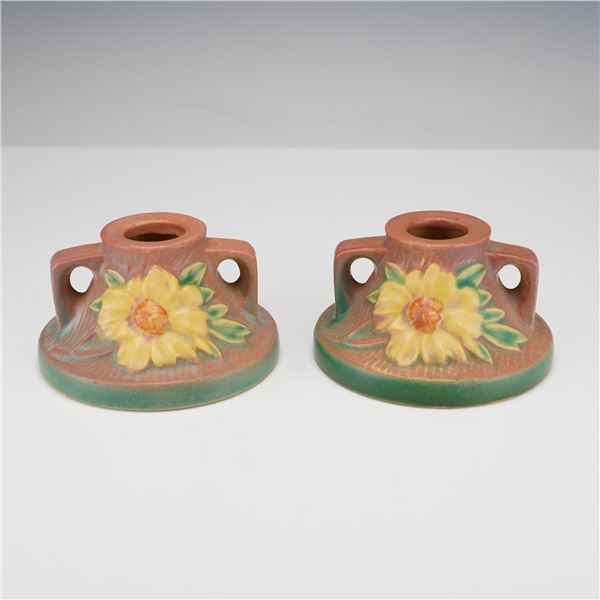 Pair of Roseville Pottery Dusty Pink Candle Holders, Peony
