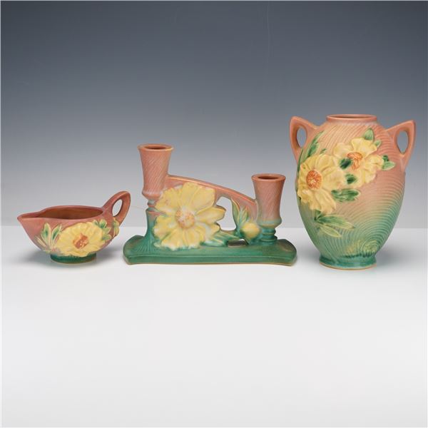 3pc Roseville Pottery Vase, Creamer & Candle Holder, Peony