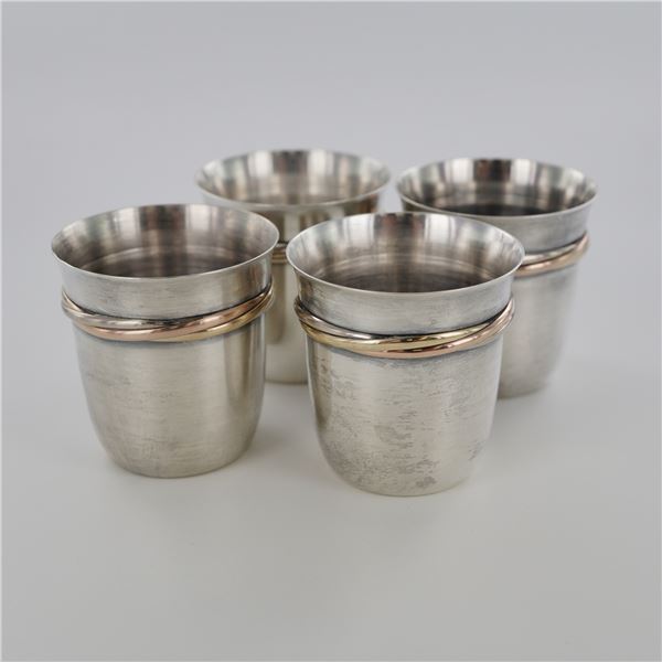 4pc Cartier Gold Banded Trinity Sterling Silver Shot Glasses