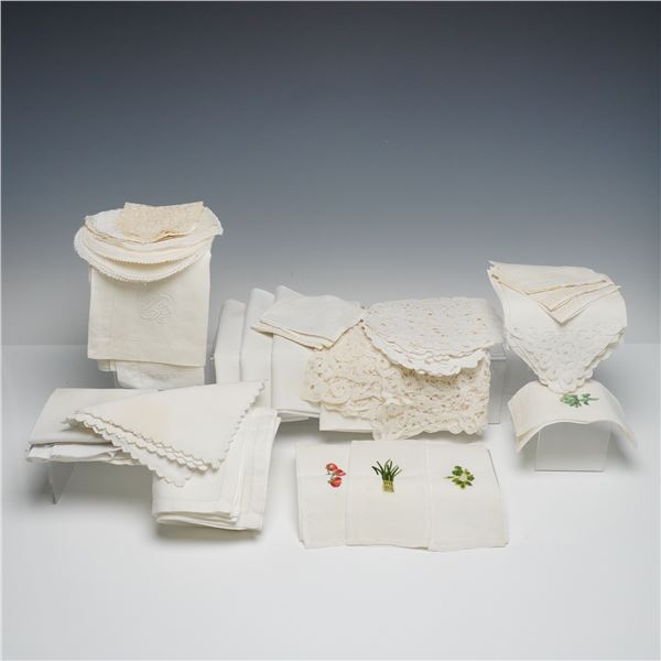 Assortment of Linen Embroidered and Crocheted Napkins, Various Sizes