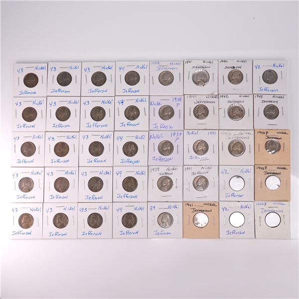 40pc Jefferson Nickel Coins 1938 to 1945 in Holders