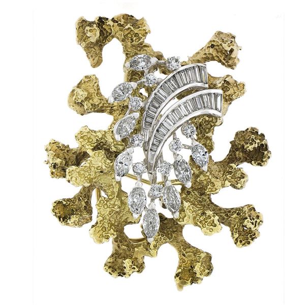 Vintage 14k TT Gold 3.50 ctw Diamond Textured Freeform Open Work Brooch Pin